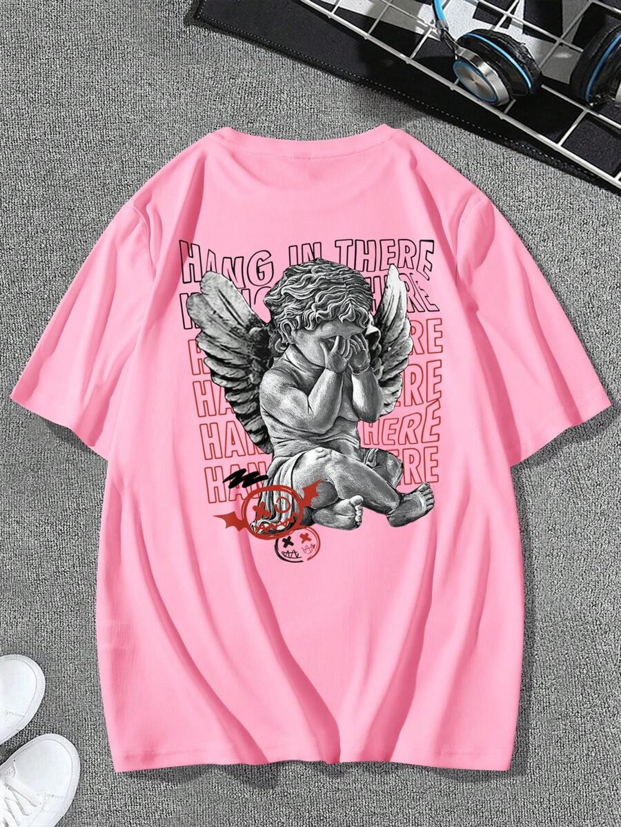 Manfinity Roghcode Men's Angel & Letter Print T-Shirt, Pink Angel Graphic Tee - Pink - View 1