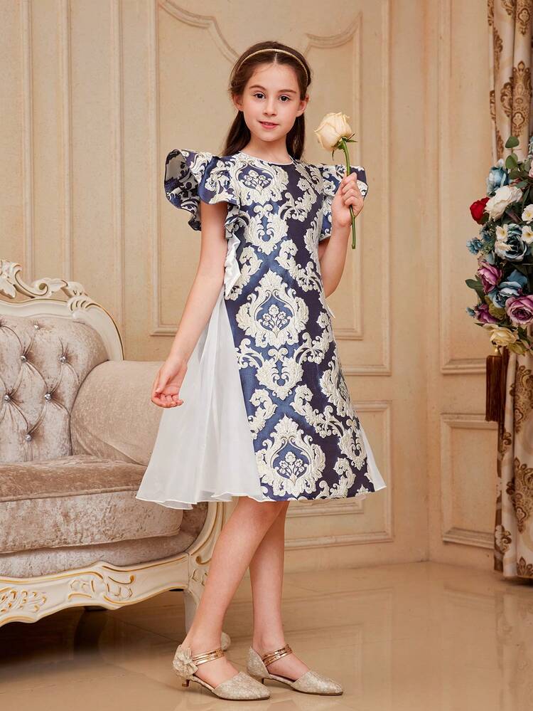Tween Girls Gorgeous Embroidered Mesh Contrast A-Line Dress With Round Neckline And Bowknot Decoration