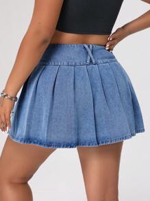 SHEIN ICON 大尺寸女士丹寧百褶裙 - 藍色 - 查看 2