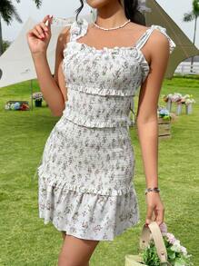 SHEIN Unity Women Dresses Simpul Ruffle Hem Shirred bunga ditsy Boho - Putih - View 6