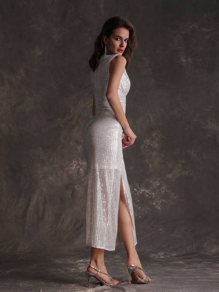 Women's Sleeveless Glittery Slit Hem Dress