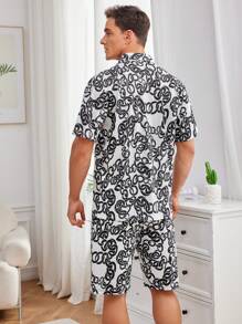 Men's Full Printed Button Down Shirt And Short Home Suit Summer Homewear Set
