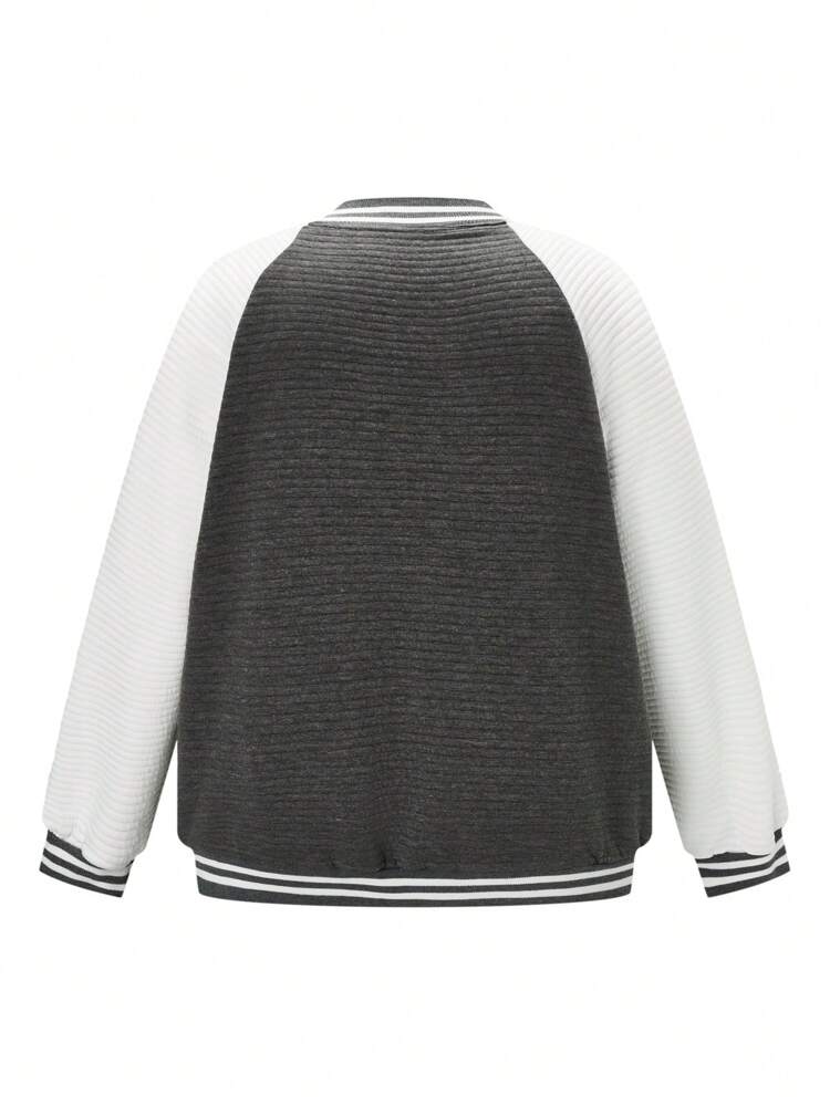Plus Striped Trim Raglan Sleeve Colorblock Bomber Jacket