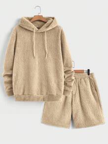 Manfinity RebelGame Men's Knitted Casual Plush Hoodie And Shorts Two Pieces Set - Khaki - View 1