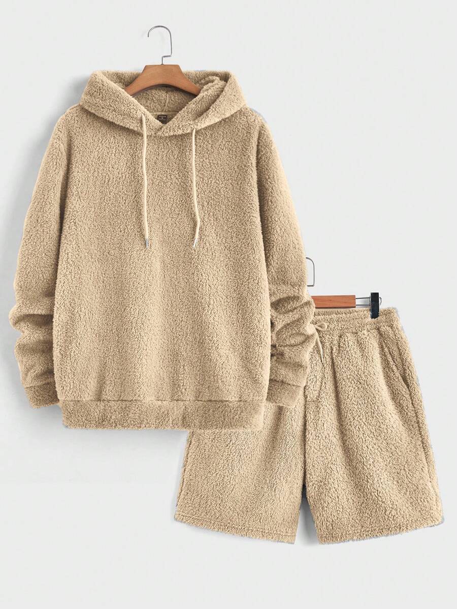 Manfinity RebelGame Men's Knitted Casual Plush Hoodie And Shorts Two Pieces Set - Khaki - View 1