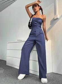 SHEIN Unity 素色抹胸上衣&闊腿褲 - 藍色 - 查看 3