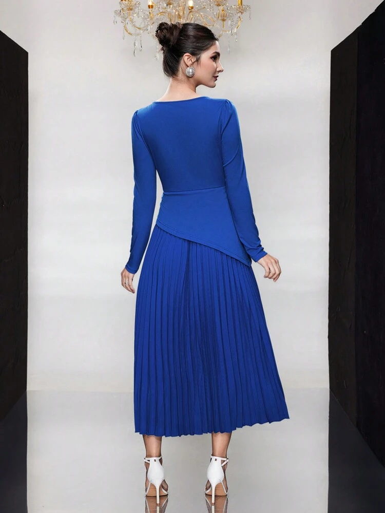 Solid Color Round Neck Pleated Hem A-Line Dress Long Evening Dresses Fall Cloth For Women