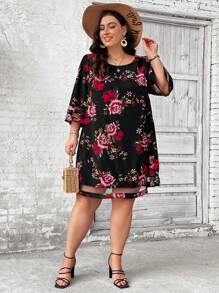 SHEIN CURVE+ 大尺碼女士花卉假日連衣裙,網紗下擺和袖子拼接設計 - 彩色 - 查看 3