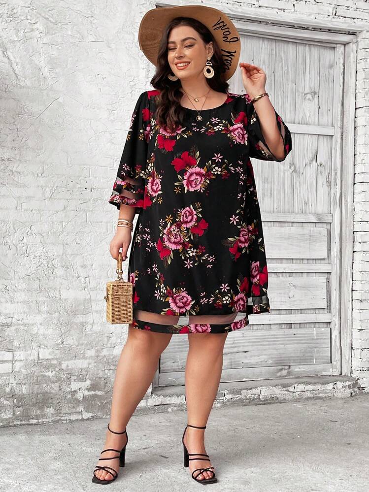 SHEIN CURVE+ Plus Size Women's Floral Holiday Dress With Mesh Hem And Sleeve Patchwork - Multicolor - View 3