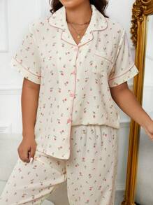 Conjunto de pijama con piping en contraste con estampado floral menudo talla extra - Beis - Ver 7