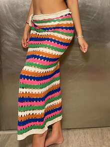 SHEIN Swim Ngày lễ Áo bơi Khối màu Sọc Thời trang Âm nhạc Lễ hội Một nửa Cơ thể Dây đeo Che phủ Váy - Nhiều màu - Xem 4