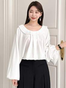 DAZY Back Bow Tie Detail Batwing Sleeve Blouse With Ruffle Hem,Fall Clothes Long Sleeve Top - White - View 6