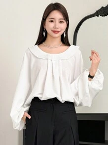 DAZY Back Bow Tie Detail Batwing Sleeve Blouse With Ruffle Hem,Fall Clothes Long Sleeve Top - White - View 8