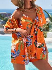 SHEIN VCAY 3 cái/bộ Của phụ nữ Nhiệt đới Thực vật In Ngắn tay Áo sơ mi , Top Cây trồng Và Quần short Đối với bờ biển Ngày lễ - trái cam - Xem 4