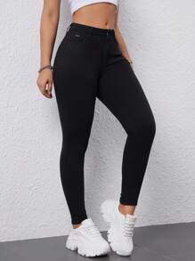 SHEIN Unity Jeans Ajustados De Mujer De Color Sólido Simple Con Bolsillos - Negro - Ver 5