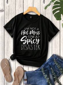 SHEIN Essnce Của phụ nữ Slogan In Vòng cổ Áo thun - màu đen - Xem 1