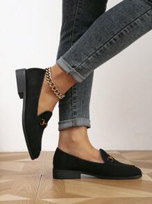 女士舒适平底鞋，金属扣，圆头，低跟，适合春秋季，乐福鞋