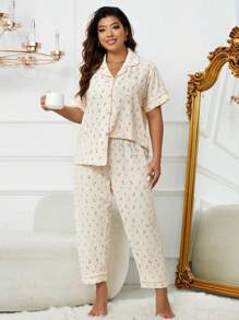 Conjunto de pijama con piping en contraste con estampado floral menudo talla extra - Beis - Ver 1