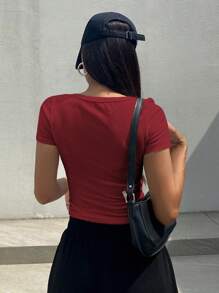 DAZY 纯色罗纹针织短款修身短袖 T 恤 夏季 - 紅色 - 查看 2