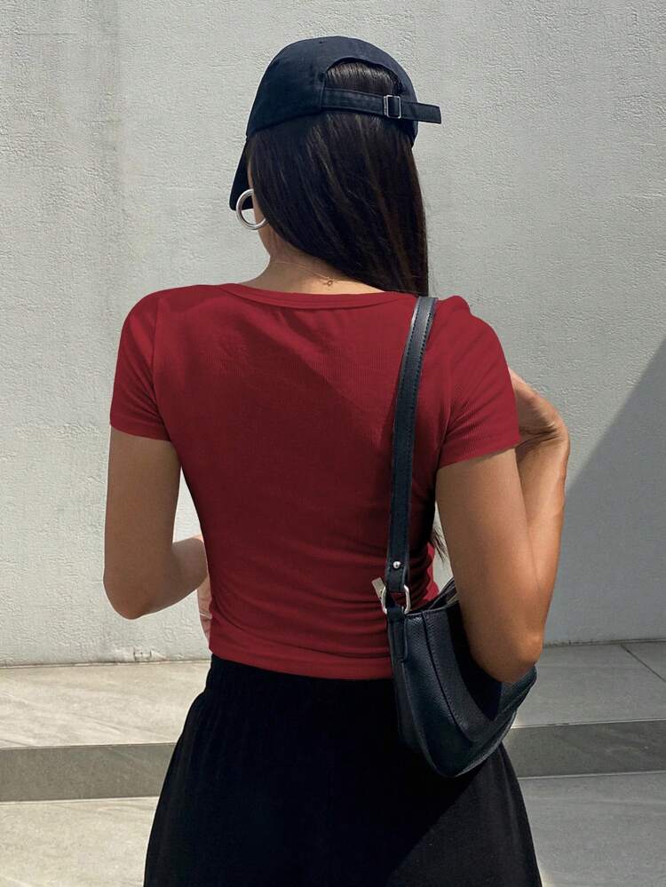 Solid Color Ribbed Knit Cropped Slim Fit Short Sleeve T-Shirt Summer