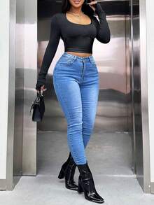 VaVaBold 實色短款修身t恤,帶拇指孔 - 黑色 - 查看 5