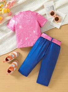 Conjunto De Ropa Para Bebé Niña Recién Llegada, Camiseta Estampada Linda Para Niña + Cinturón + Pantalones Largos, 3 Piezas