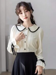 Women's Peter Pan Collar Textured Fabric Blouse,Long Sleeve Tops