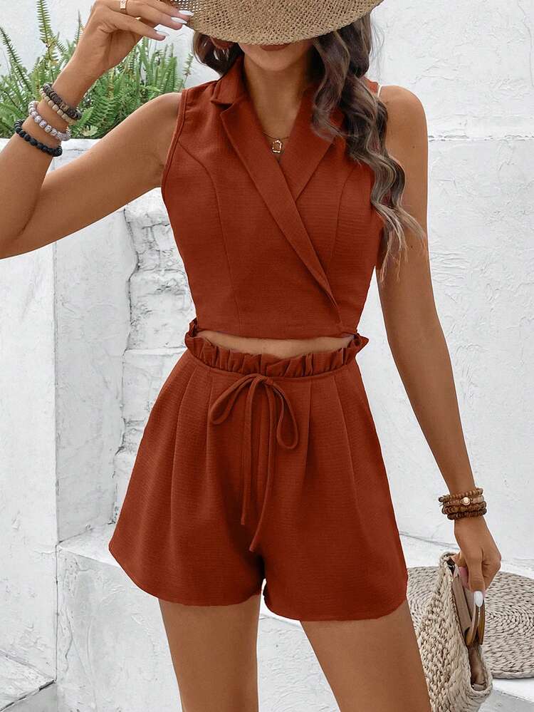 Solid Color Lapel Collar Suit Vest And Shorts Suit