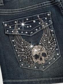 ROMWE Grunge Punk Women's Studded Skull Design Denim Shorts, School - Blue - View 2