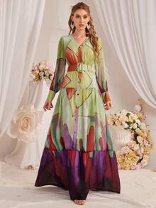 女士优雅扎染几何印花灯笼袖连衣裙，适合春夏季 - 彩色 - 查看 3