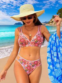 SHEIN Swim Women's Floral All Over Print Cut-Out Double Strap Bikini Set With High Waist, 2pcs/Set Swimwear Summer Beach - Multicolor - View 5