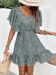 SHEIN Frenchy Romantic Ruffle Trim Decor Sundress,Crushed Flower Dark Green Dress,Backless Beach Women Dresses,Tie Waist Elegant Mini Dress - Green - View 3