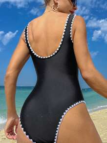 SHEIN Swim Bộ đồ bơi liền thân cổ vuông màu sắc mùa hè ôm vừa vặn có viền xếp nếp - Đen và trắng - Xem 2