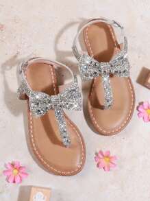 Mini mi Girls Blingbling Silver Crystal Bow Design T-Strap Sandals- Luxury,Stylish, Comfortable