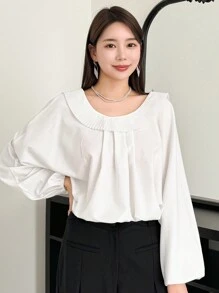 DAZY Back Bow Tie Detail Batwing Sleeve Blouse With Ruffle Hem,Fall Clothes Long Sleeve Top - White - View 5