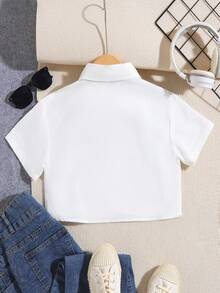 SHEIN 帶有字母印花的青少年涼爽街風短袖鈕扣衫 - 白色 - 查看 2
