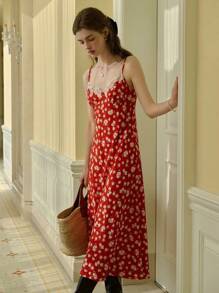 Simple Retro Plus Size Women's Sweet Floral Contrast Lace Spaghetti Strap Dress, French Elegant Vintage Style Summer Vacation Dress - Red - View 4