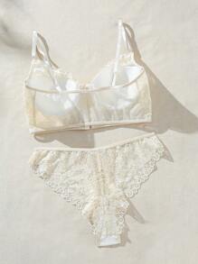 SHEIN Lace Mesh Bra With Underwire And Triangle Panties Set Lingerie Set - Beige - View 2