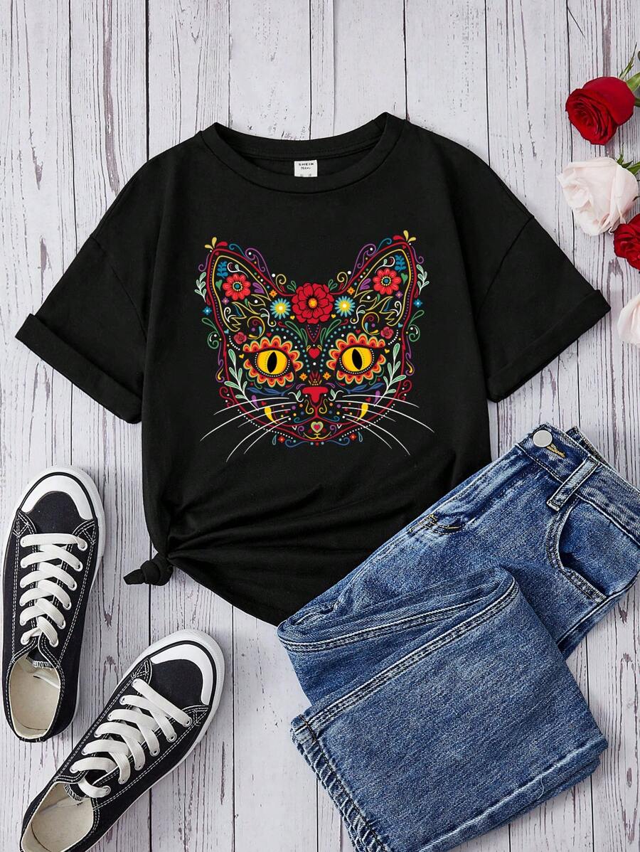 Tween Girl Casual Tối giản Áo thun ngắn tay in hình mèo và hoa Kitty Thích hợp cho mùa hè - màu đen - Xem 1