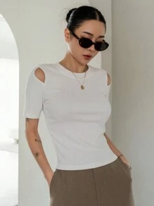 Dazy Designer Của phụ nữ Vai Thiết kế Áo thun - trắng - Xem 3