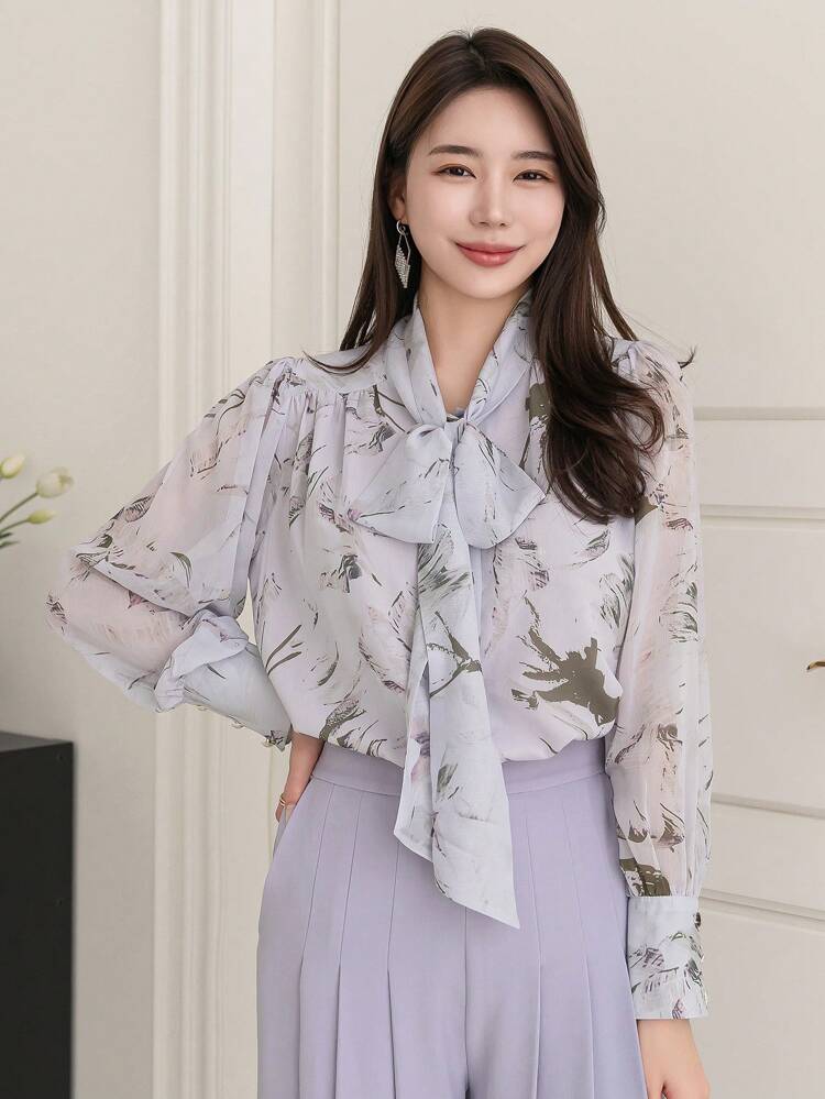 Chiffon Pattern Printed Tie-Neck Casual Shirt,Fall Women Clothes Long Sleeve Top Floral