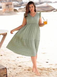 SHEIN LUNE Đầm tay lửng cổ chữ V cỡ lớn cho nữ - màu xanh lá - Xem 3