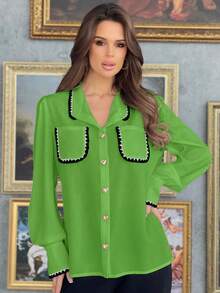 SHEIN Privé Của phụ nữ Bán tuyệt đối Áo sơ mi Với Cắt tương phản Tay áo dài , Mặt trước Vạt váy nút Và Giường đôi tiêu chuẩn Túi - màu xanh lá - Xem 4