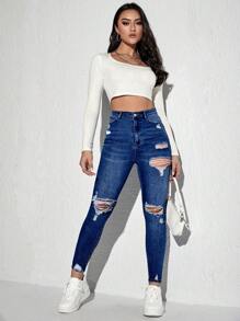 Jeanoix 女款修身破洞牛仔褲 - 深色水洗藍 - 查看 5