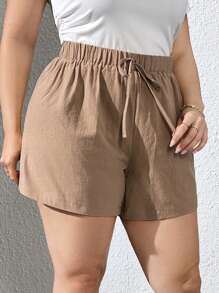 SHEIN Essnce Women's Plus Size Khaki Texture Shorts For Spring/Summer - Khaki - View 3