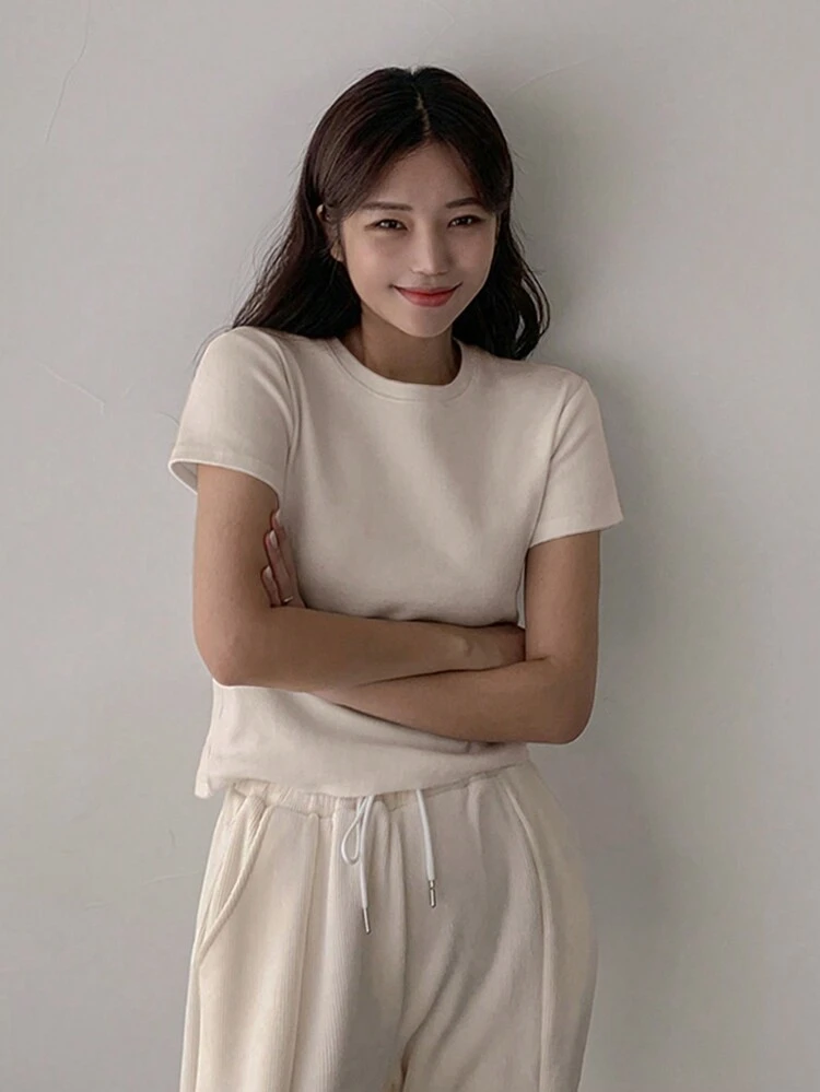 Solid Color Short Sleeve Round Neck T-Shirt Summer