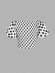 SHEIN Unity Của phụ nữ Chấm bi In Ống tay áo Áo sơ mi - Đen và trắng - Xem 2