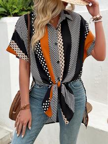 Breezaya Women's Colorblock Geometric Print Patchwork Batwing Sleeve Shirt - Multicolor - View 5