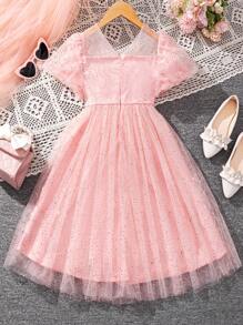 SHEIN Vestido De Verano Brillante De Tul Con Mangas Abullonadas Para Niñas Preadolescentes - Rosa Pálido - Ver 3