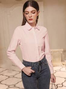 Mulvari Camisa de manga larga lisa de oficina para mujer - Rosa Pálido - Ver 4